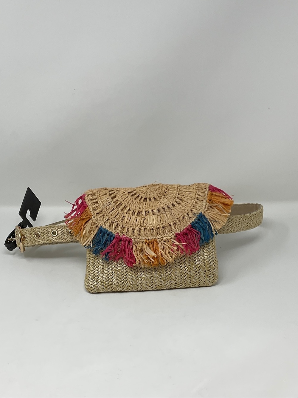 INC - Straw Raffia Fringe Belt Bag in Natural with Pink, Blue & Orange Accents